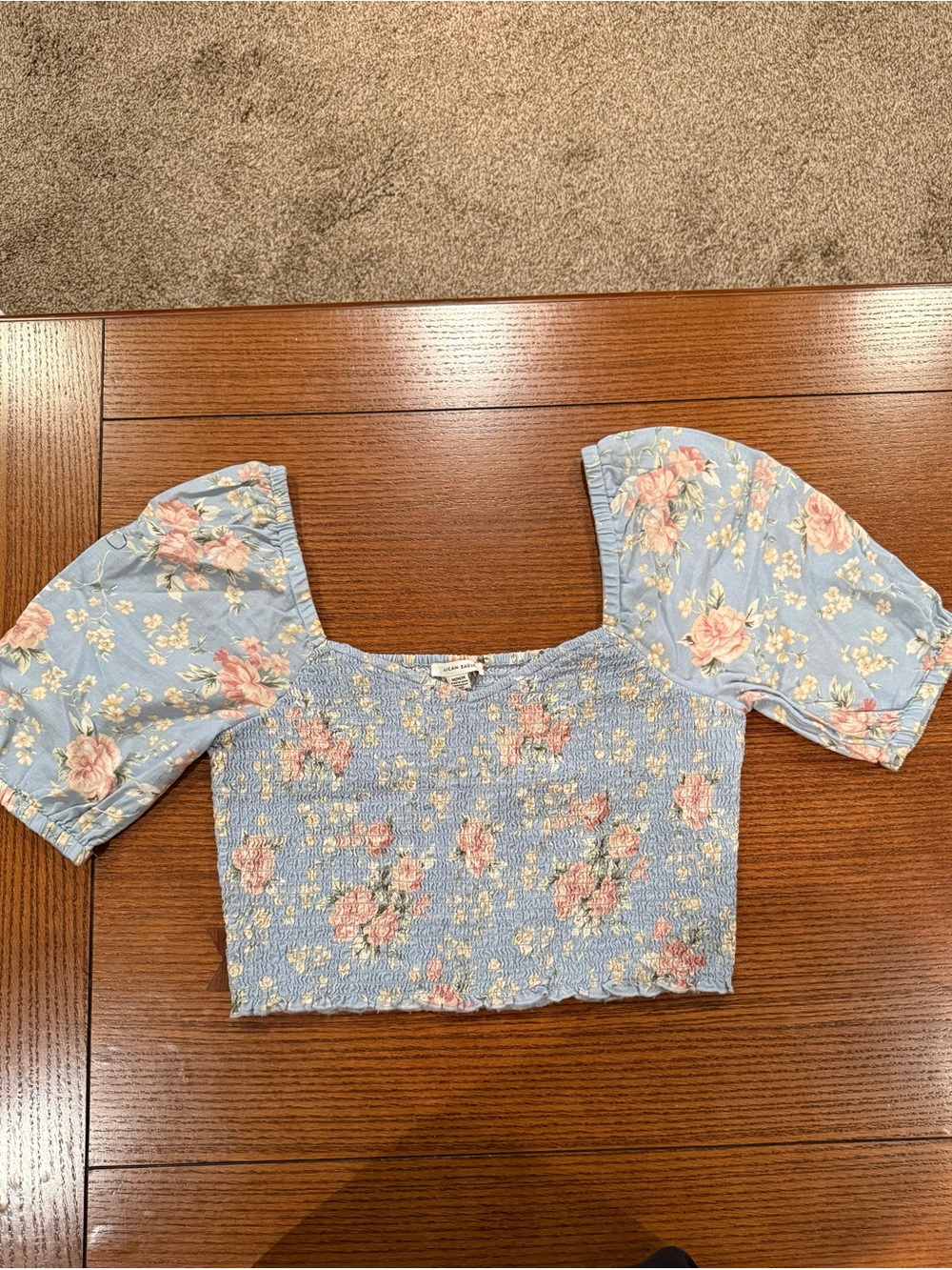 American Eagle Outfitters Light Blue Floral Smocked Crop Top